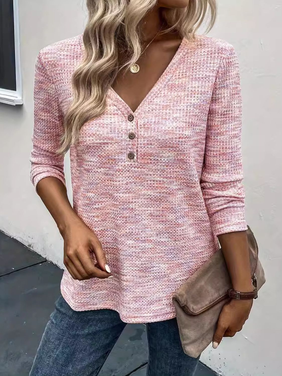 Button Detail V-Neck Long Sleeve Blouse