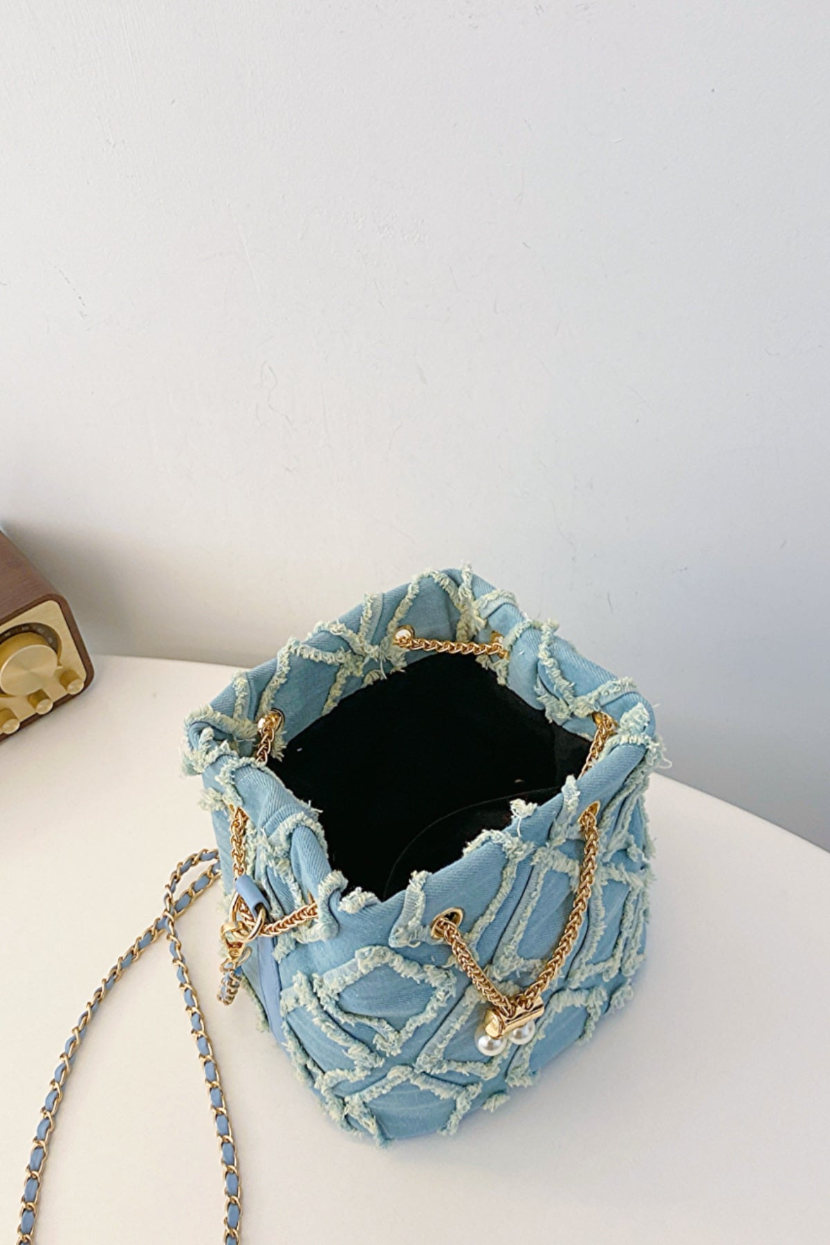 Chain Drawstring Raw Edge Denim Bucket Bag